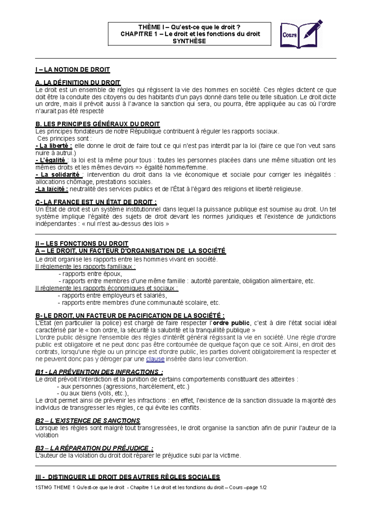 1STMG THÈME I : Le droit et ses fonctions - Cours Droit 1 - Studocu