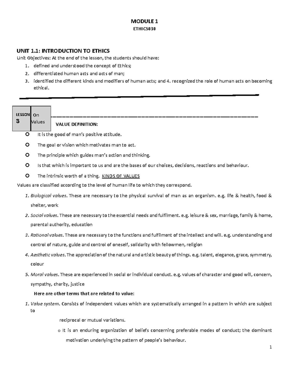 Ethics 030 Lesson 3 - Understanding and Differentiating Values - Studocu