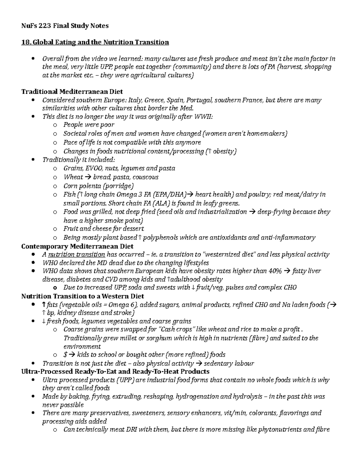 Nu Fs 223 Final Exam Study Notes: Nutrition Transition and Diets - Studocu