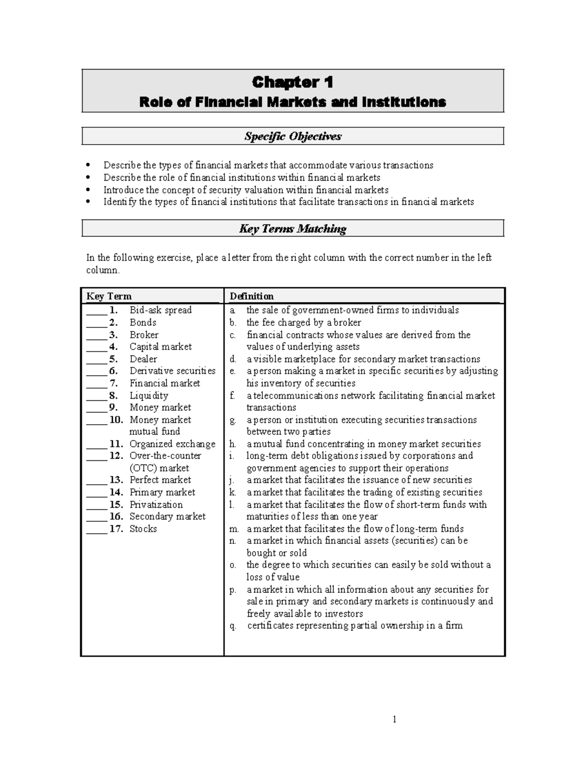 Chapter 1: Role of Financial Markets & Institutions (032428845) - Studocu