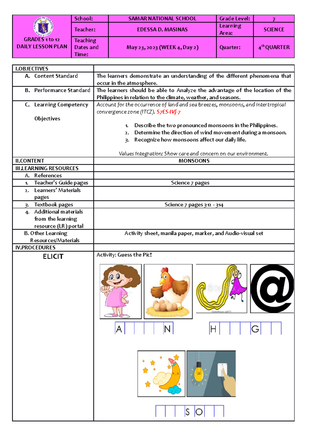 LP s CI 7 Q1 W6 - Lesson Plan on Monsoons for Grade 7 Science - Studocu