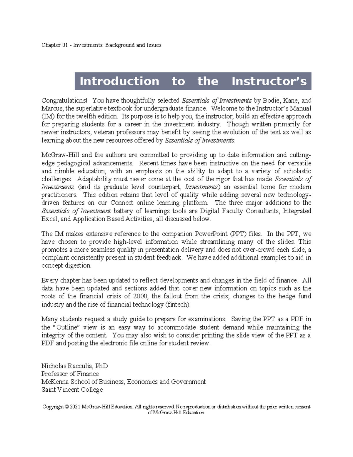 Instructor's Manual: Essentials of Investments 12e Chapter 01 Overview ...