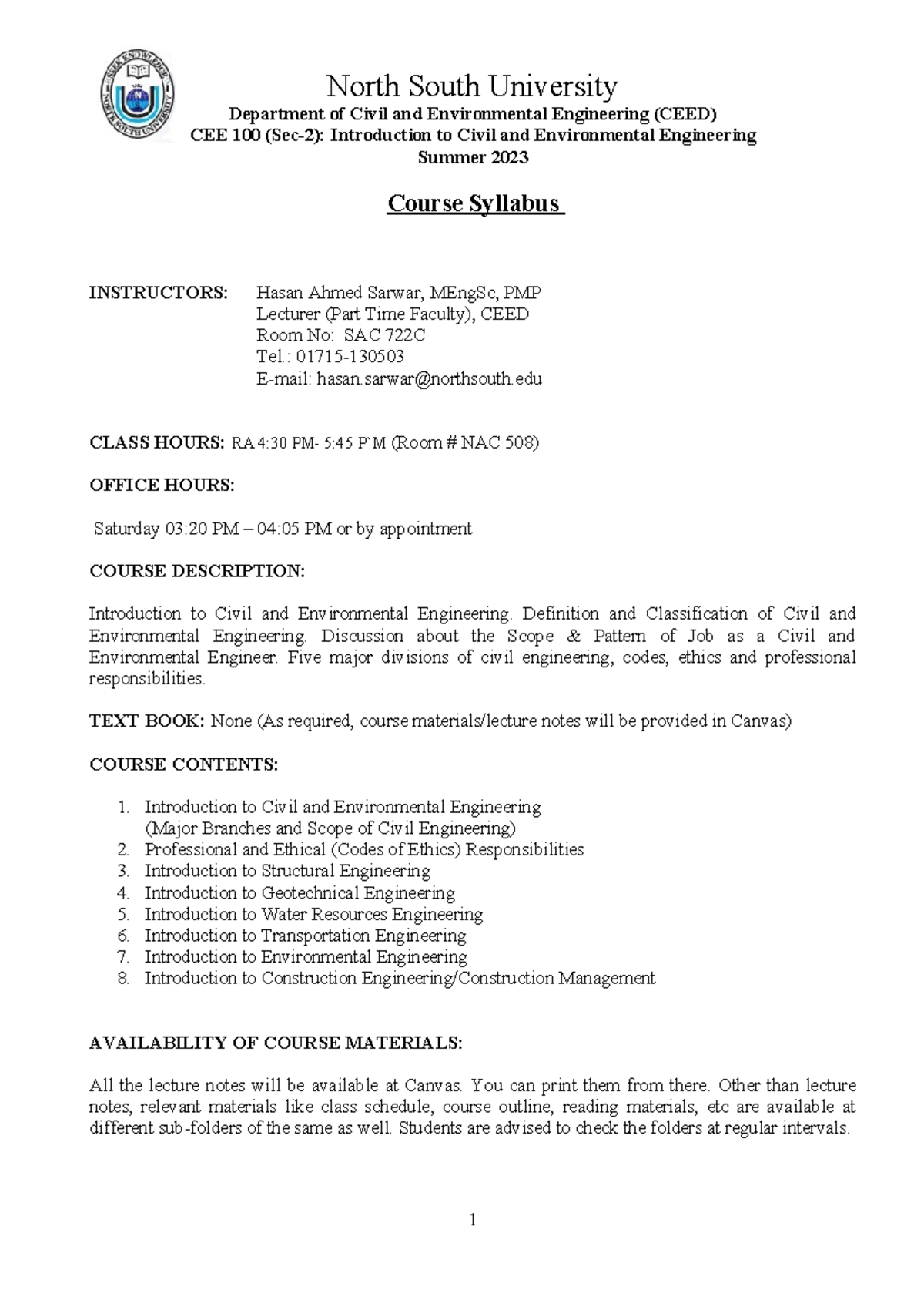Course Outline: CEE 100 - Intro to Civil & Env. Engineering, Summer ...