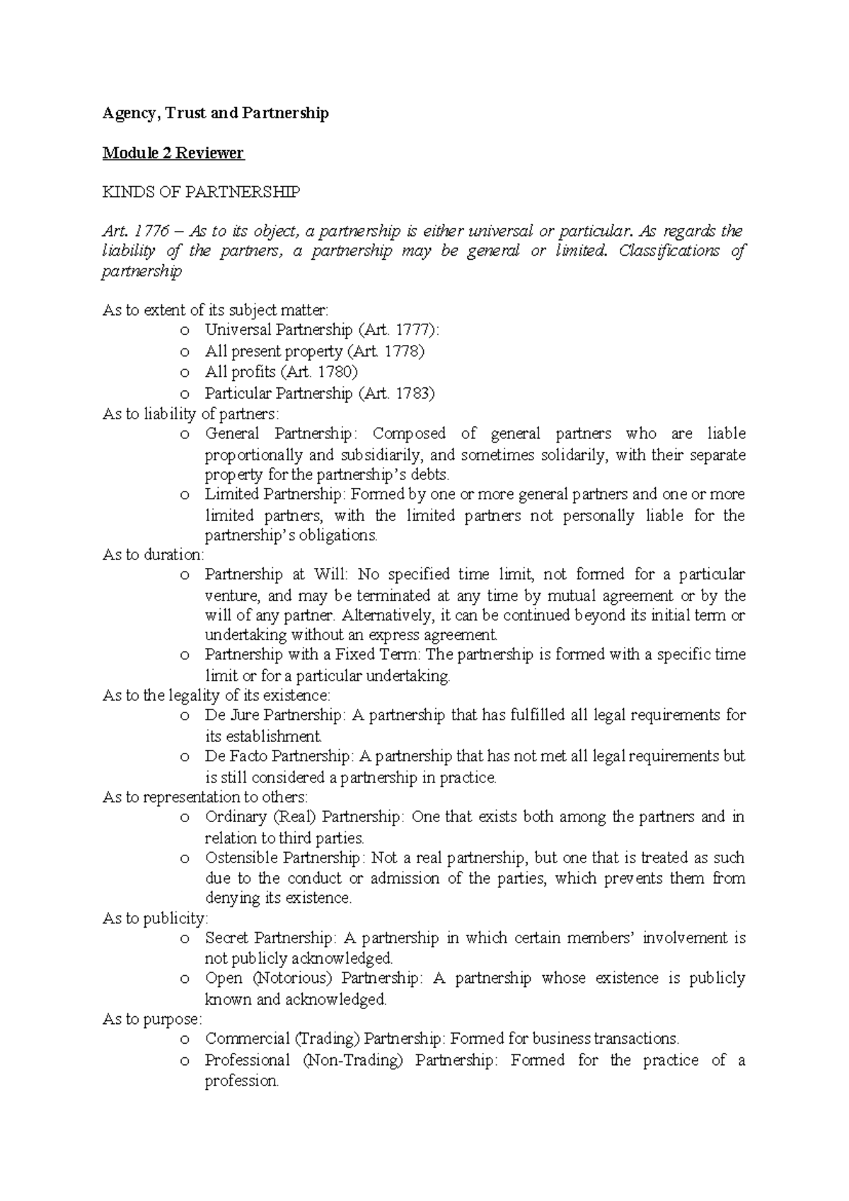 ATP - Module 2 Partnership Types and Liability Reviewer - Studocu