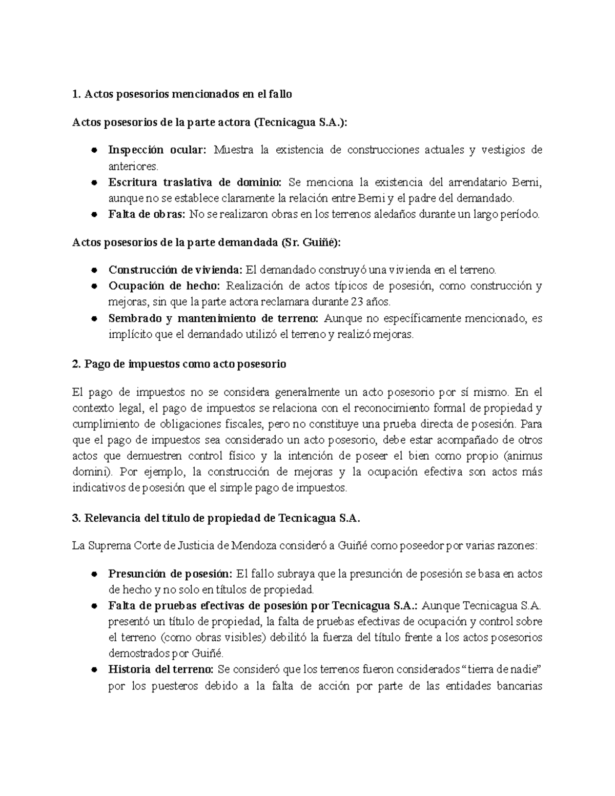 Tp1 posesion - Actos posesorios mencionados en el fallo Actos ...
