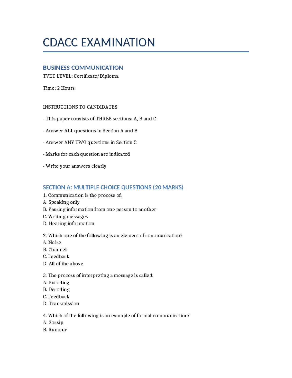 CDACC BUSINESS COMMUNICATION EXAMINATION NOTES - TVET LEVEL - Studocu