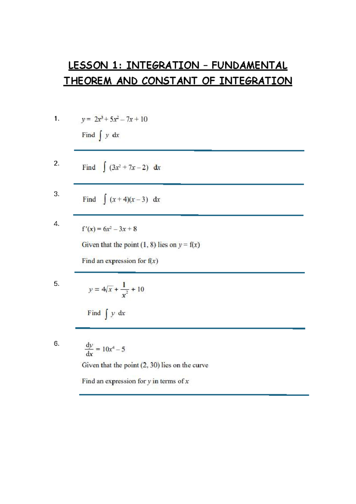Integration basics worksheet - LESSON 1: INTEGRATION - FUNDAMENTAL ...