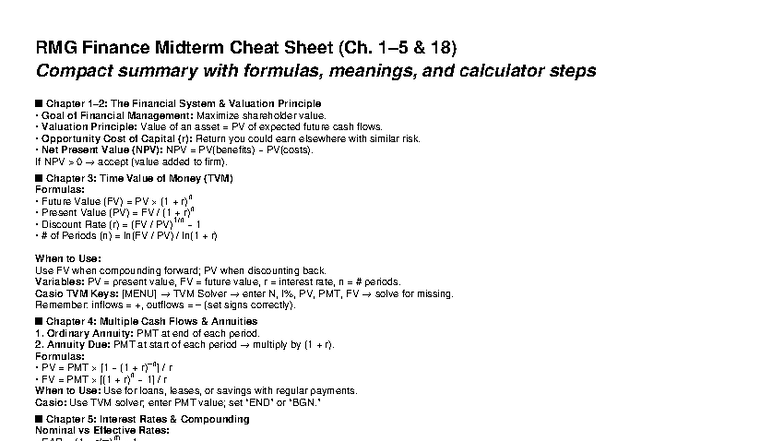 RMG Finance Midterm Cheat Sheet (Ch. 18) - Key Formulas & Concepts ...