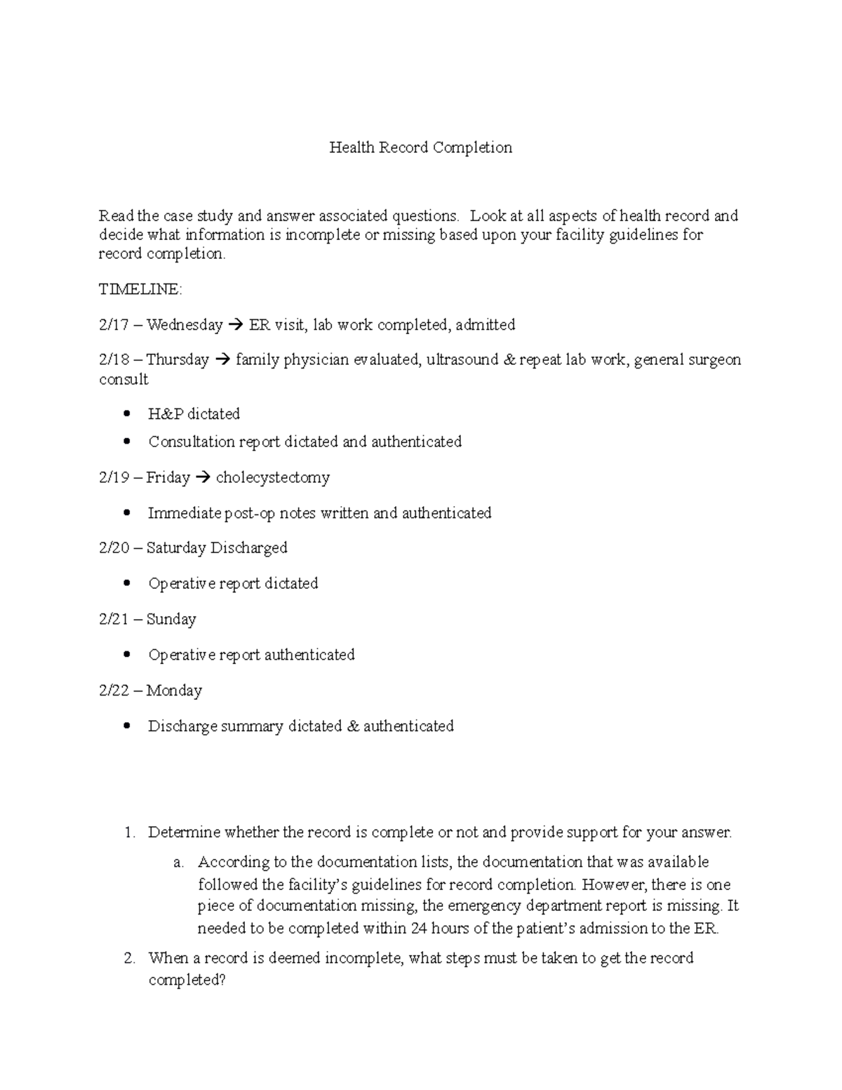 HIM 201 - Incomplete Health Record Case Study Analysis - Studocu