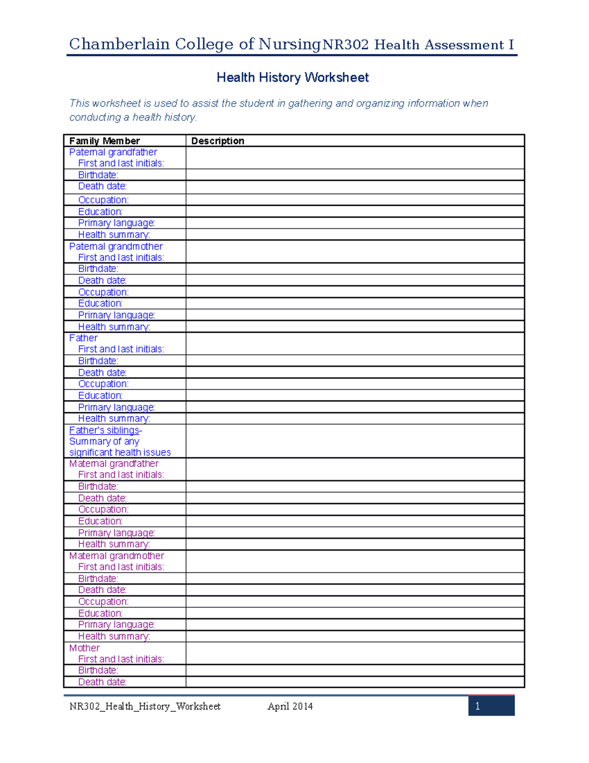 NR302 Health History Worksheet - Chamberlain College of NursingNR302 ...