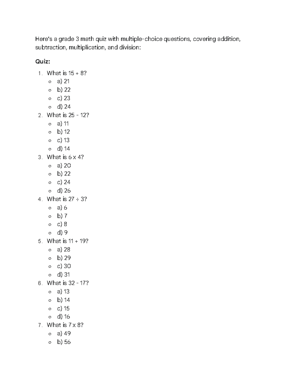 Grade 3 Math Quiz: Addition, Subtraction, Multiplication & Division ...