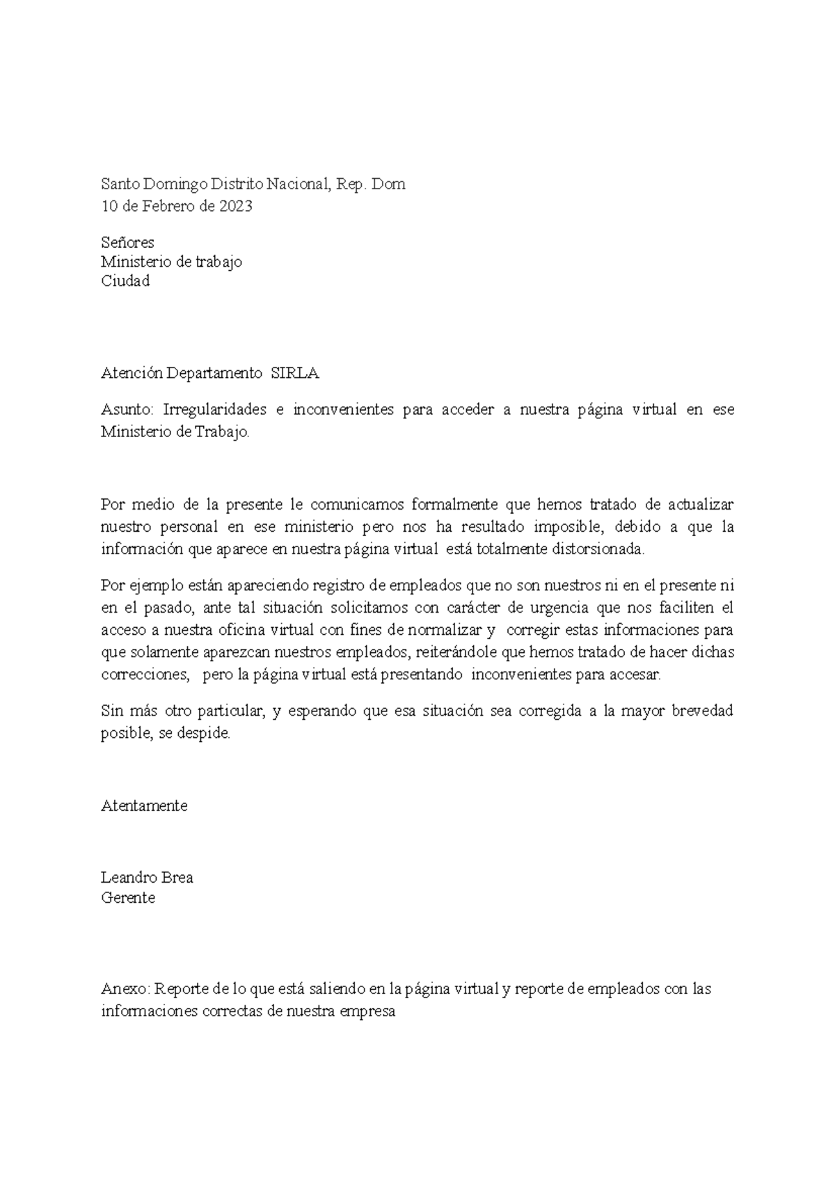 Carta Formal al Ministerio de Trabajo sobre SIRLA - 10 Feb 2023 - Studocu