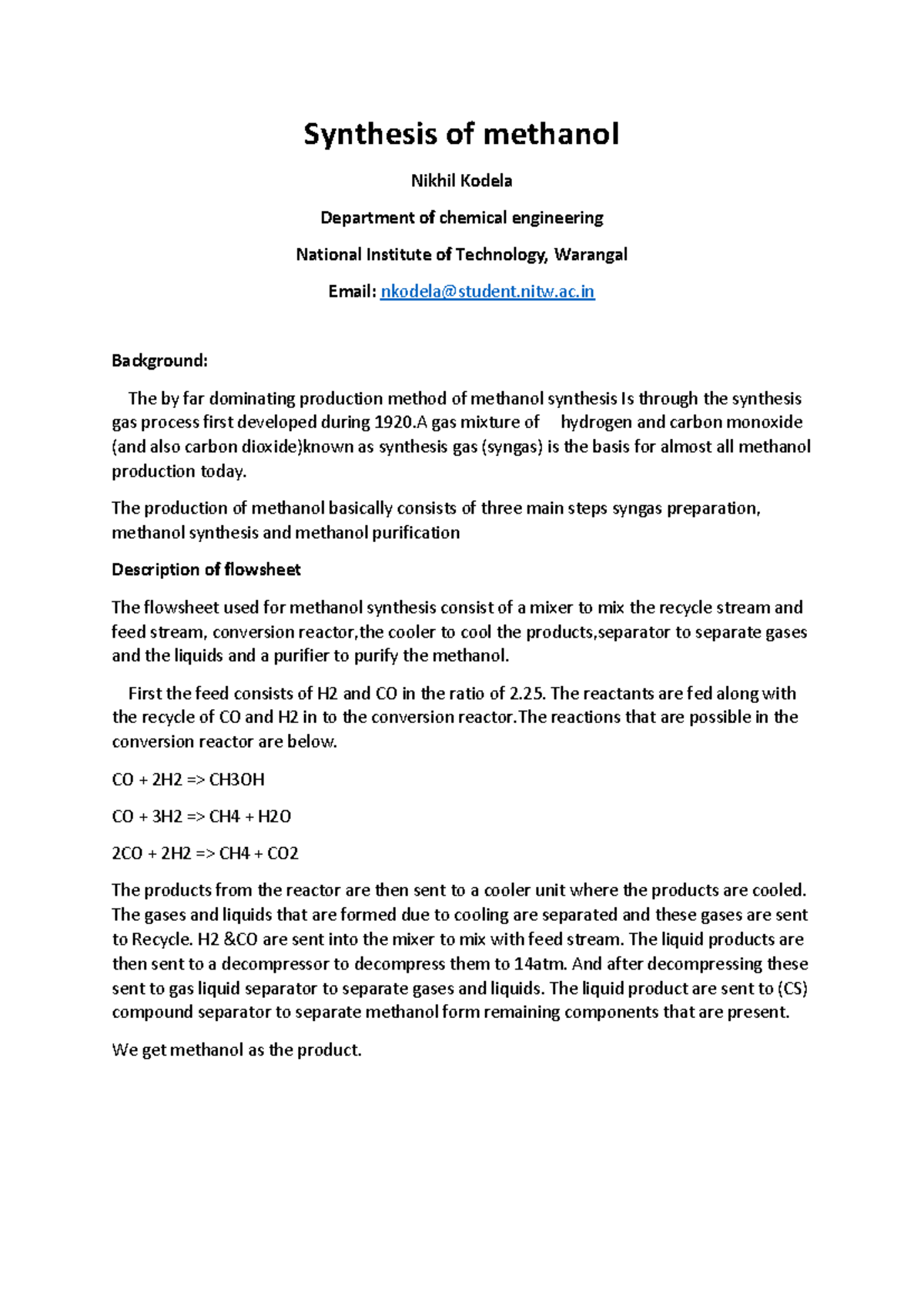 Methanol Synthesis Lab Manual - CHE 101 - Studocu