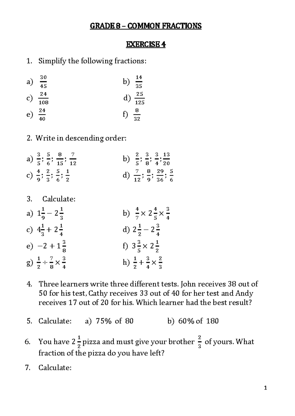 GRADE 8 COMMON FRACTIONS EXERCISE 8.04E - Studocu