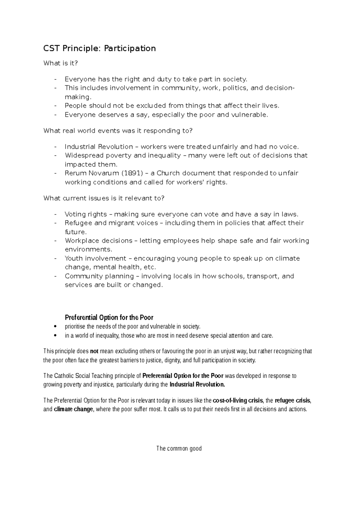 CST Principles: Participation & Common Good in Society - Studocu
