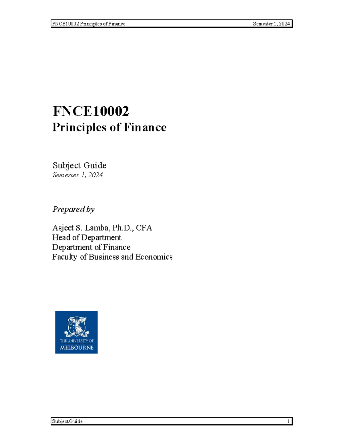FNCE10002 - helpful - FNCE Principles of Finance Subject Guide Semester ...
