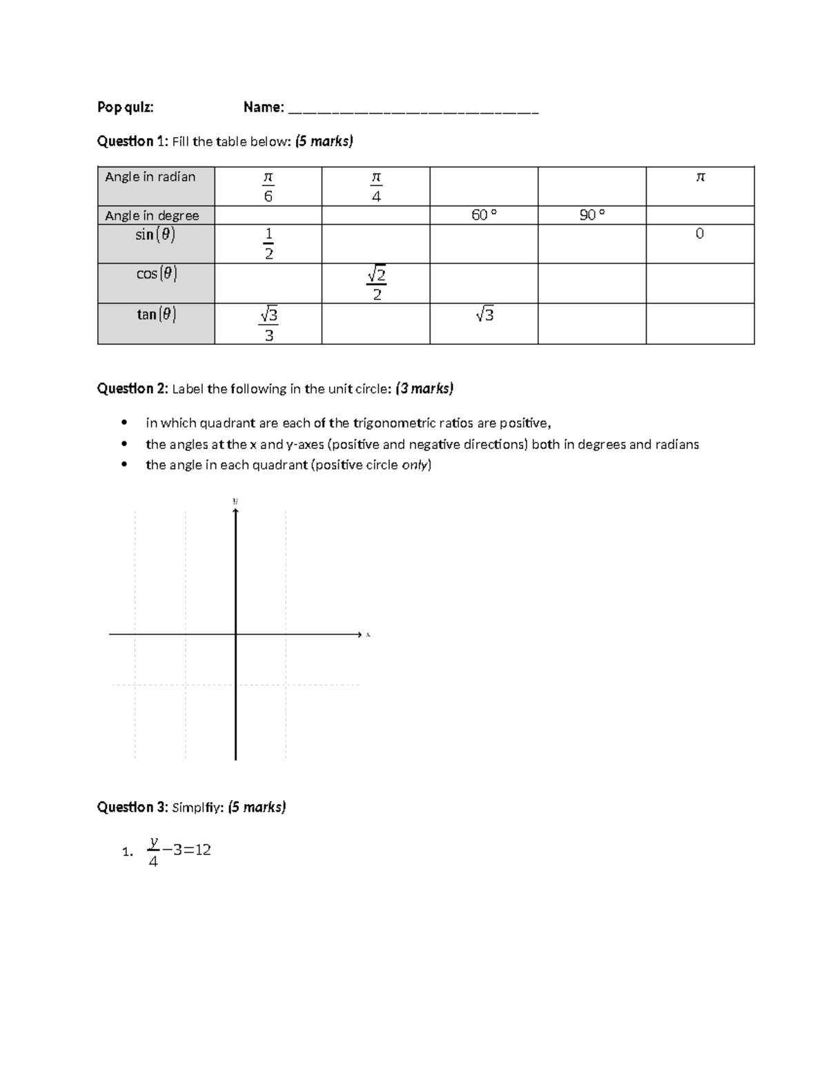 Trigonometric Functions Quiz: Pop Quiz on Angles & Ratios - Studocu