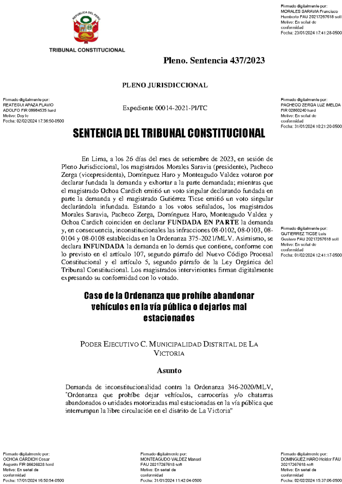 Sentencia 437 en el Expediente 00014-2021-PI/TC sobre Ordenanza 346 ...