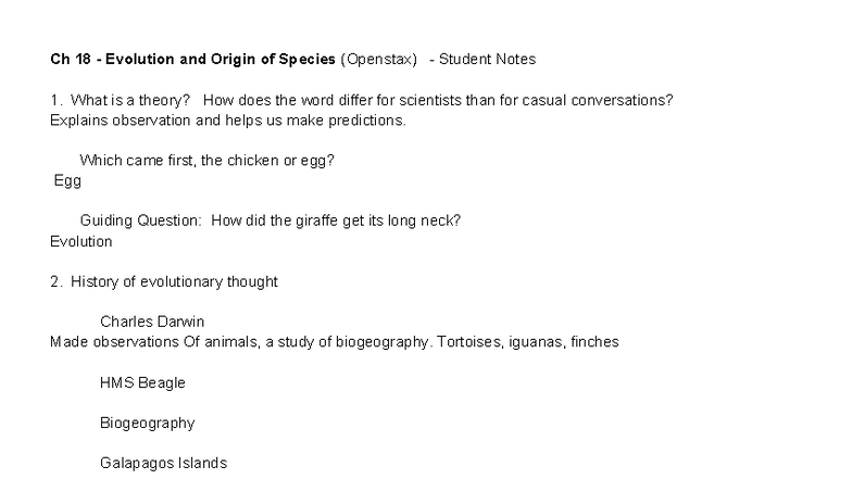 AP - Chapter 18 Evolution and Origin of Species Notes - Studocu