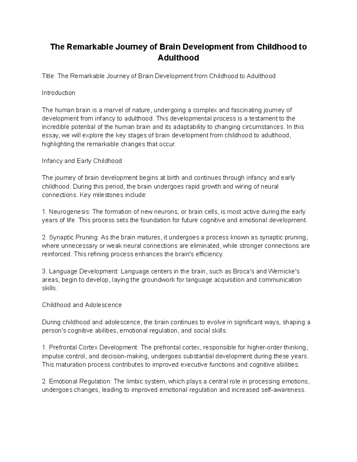 PSY 201 Brain Development from Childhood to Adulthood Essay - Studocu