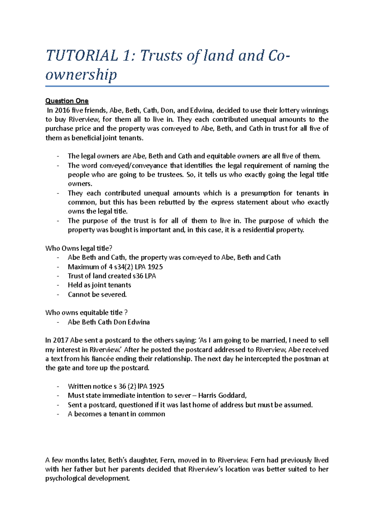 Tutorial 1 - Land Law 2 seminar notes - TUTORIAL 1: Trusts of land and ...