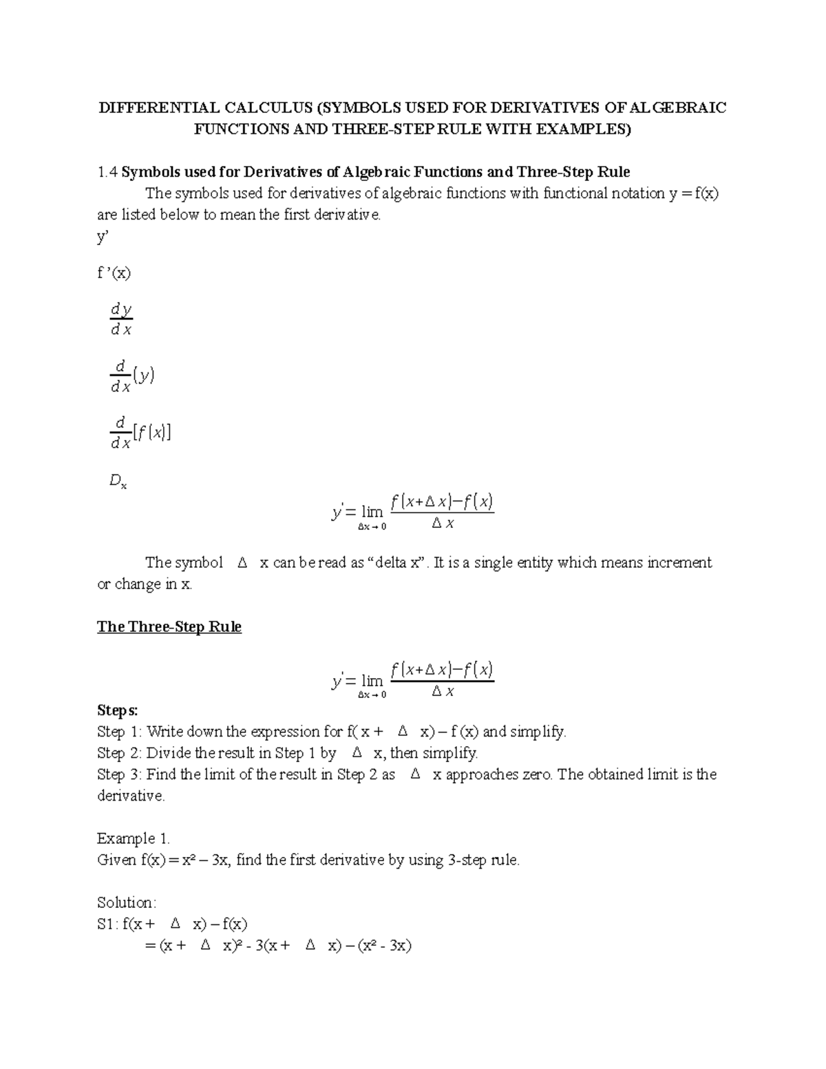 Differential Calculus: Derivatives & Three-Step Rule Explained - Studocu