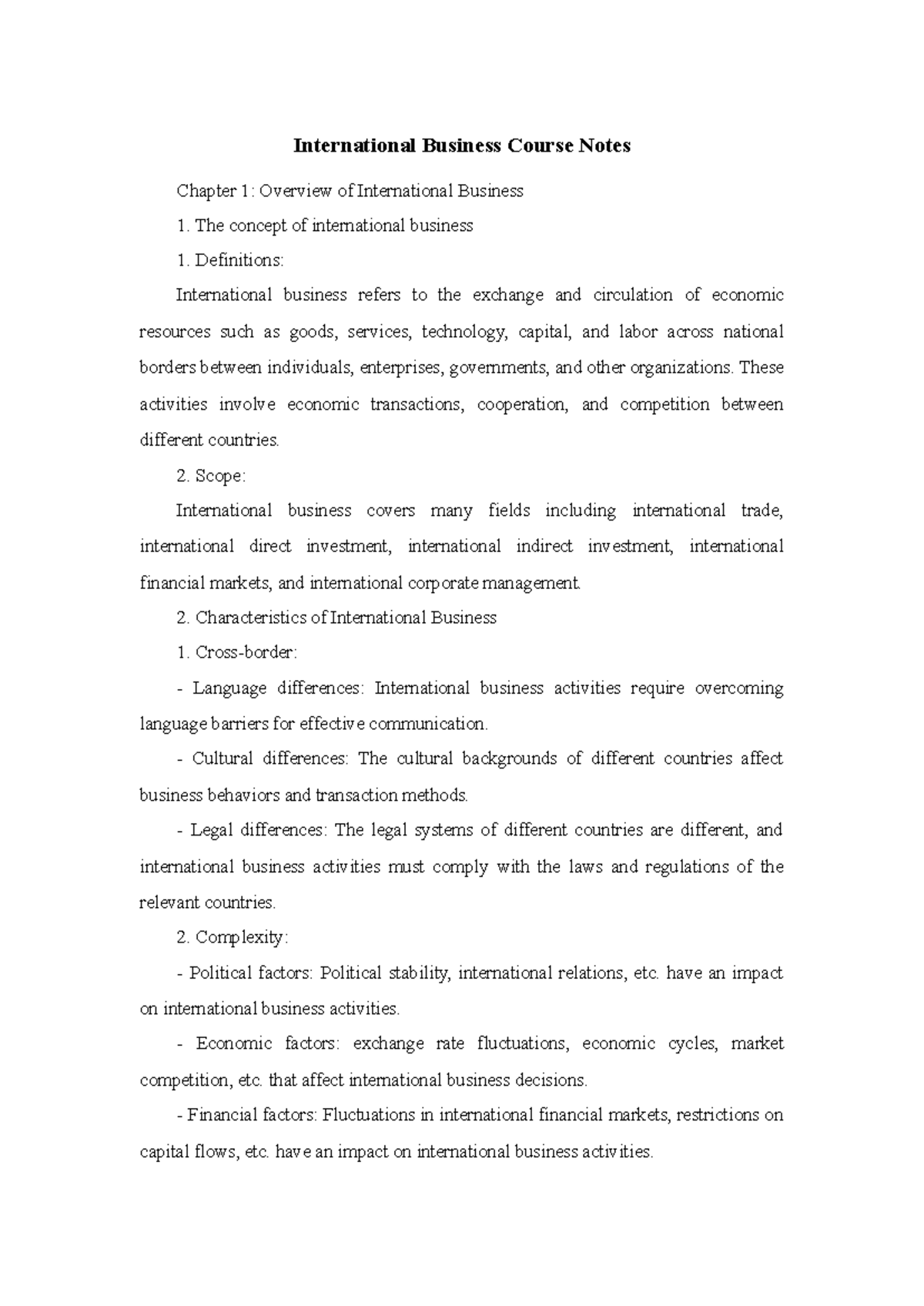 International Business Course Notes: Chapter 1 Overview & Key Concepts ...
