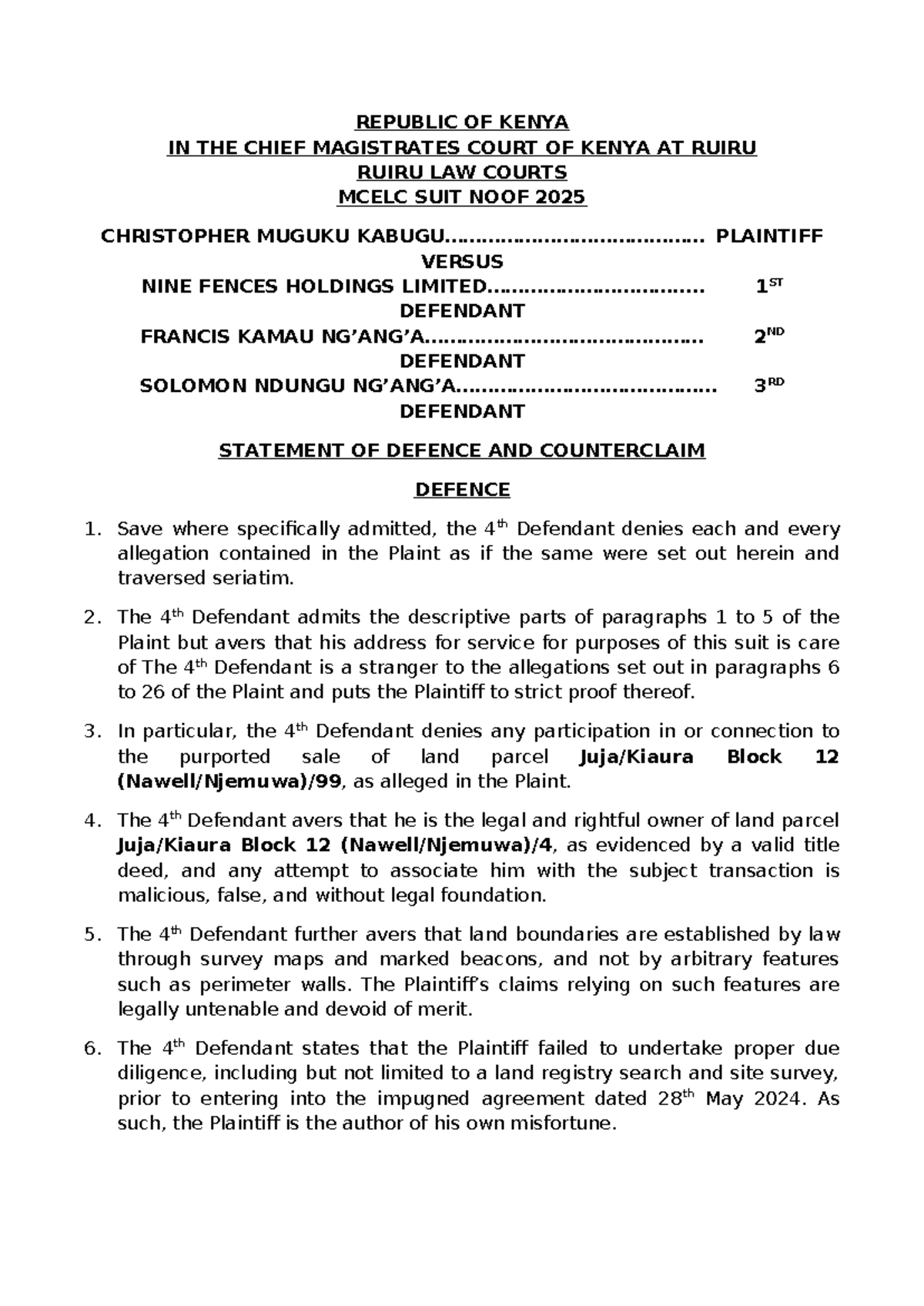 Statement of Defence & Counterclaim - MCELC Suit No. 2025 - Studocu