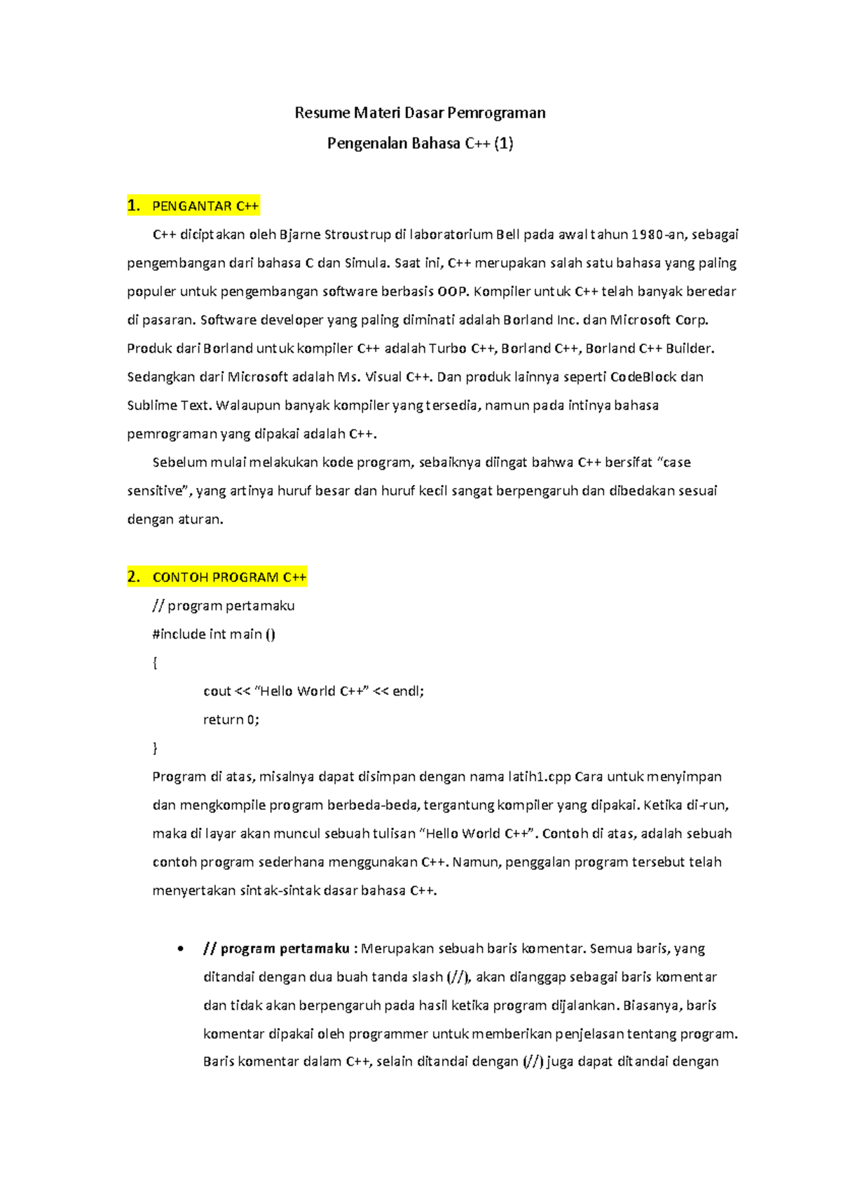 Resume Materi Dasar Pemrograman C++ untuk Pemula - Studocu