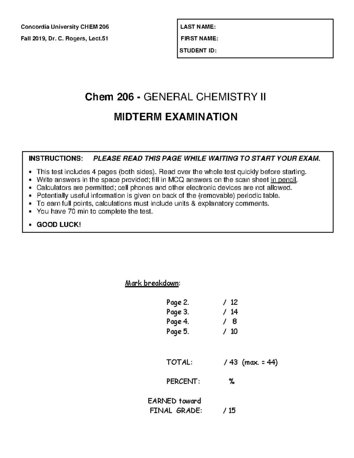 CHEM 206 Final Exam Cheat Sheet - Essential Constants & Formulas - Studocu
