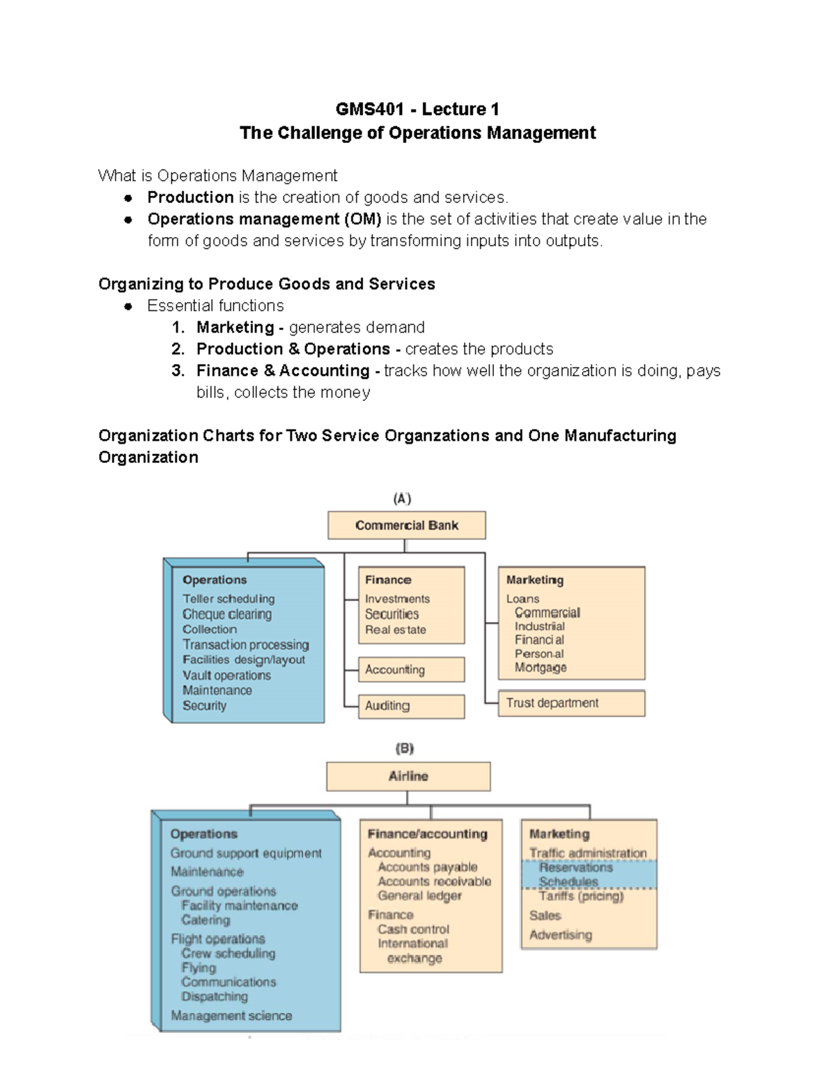GMS401 - Lecture 1 - Operations management (OM) is the set of ...