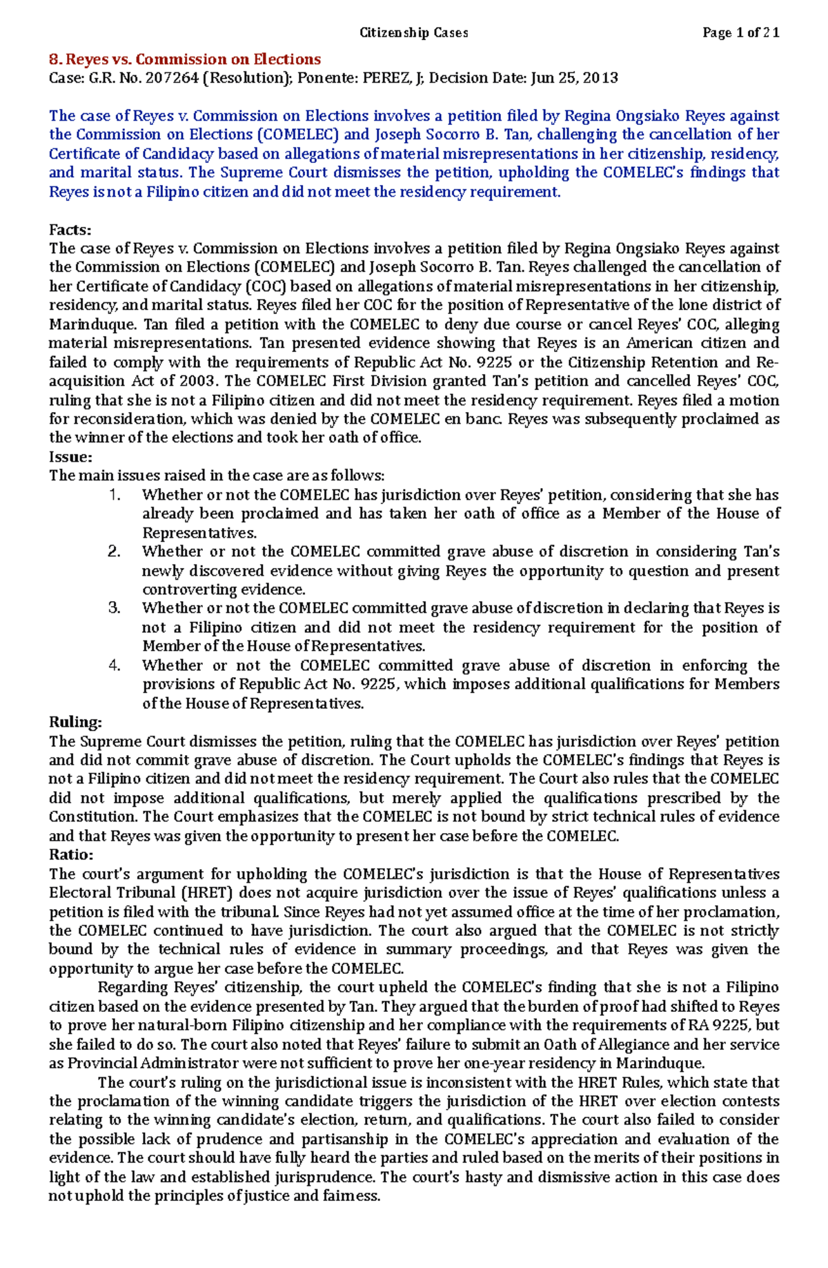 Consti 2 - Citizenship Cases: Reyes, Japzon, and Arnado Rulings - Studocu