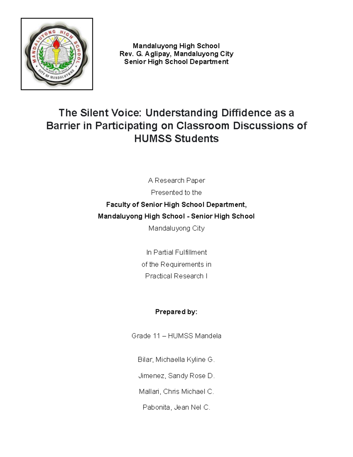 Understanding Diffidence: Barriers to Classroom Participation in HUMSS ...