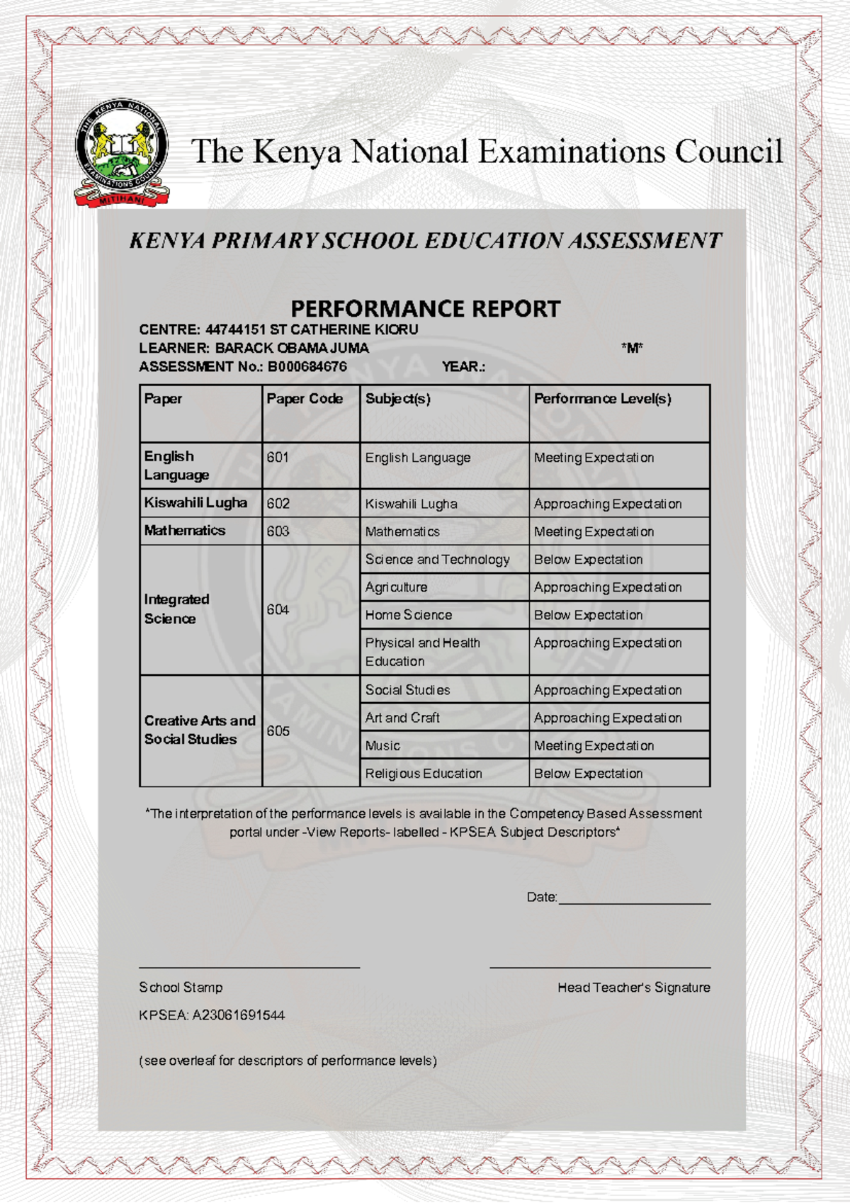 KPSEA Assessment Report B000684676 for Barack Obama Juma - Studocu
