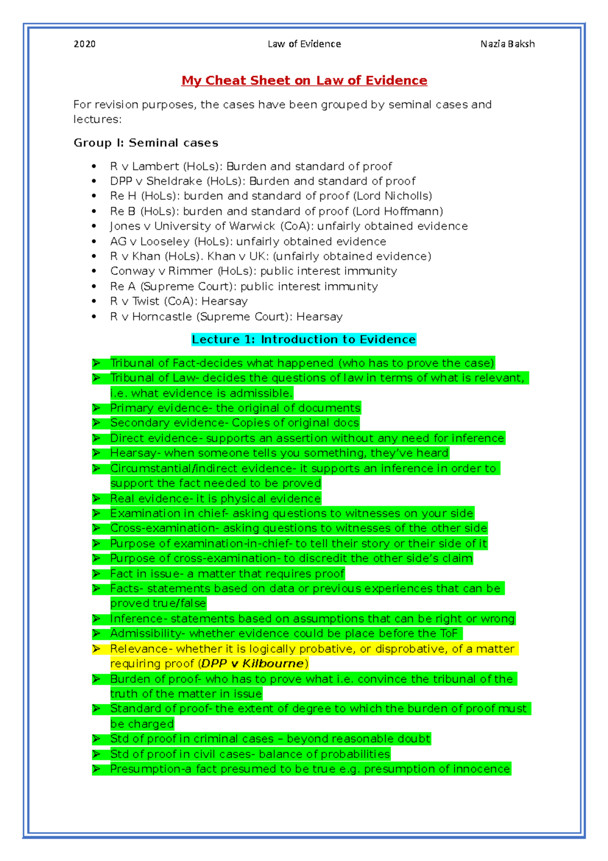 Law of Evidence Exam Cram Guide - My Cheat Sheet on Law of Evidence For ...