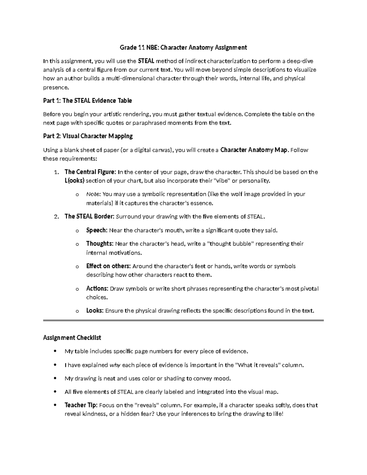 Grade 11 NBE: STEAL Method Character Anatomy Assignment - Studocu