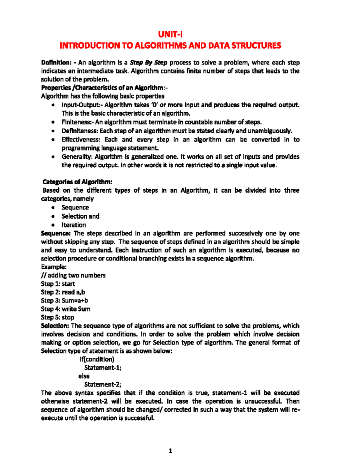 DSA UNIT-1,2 - Introduction to Algorithms & Data Structures Overview ...