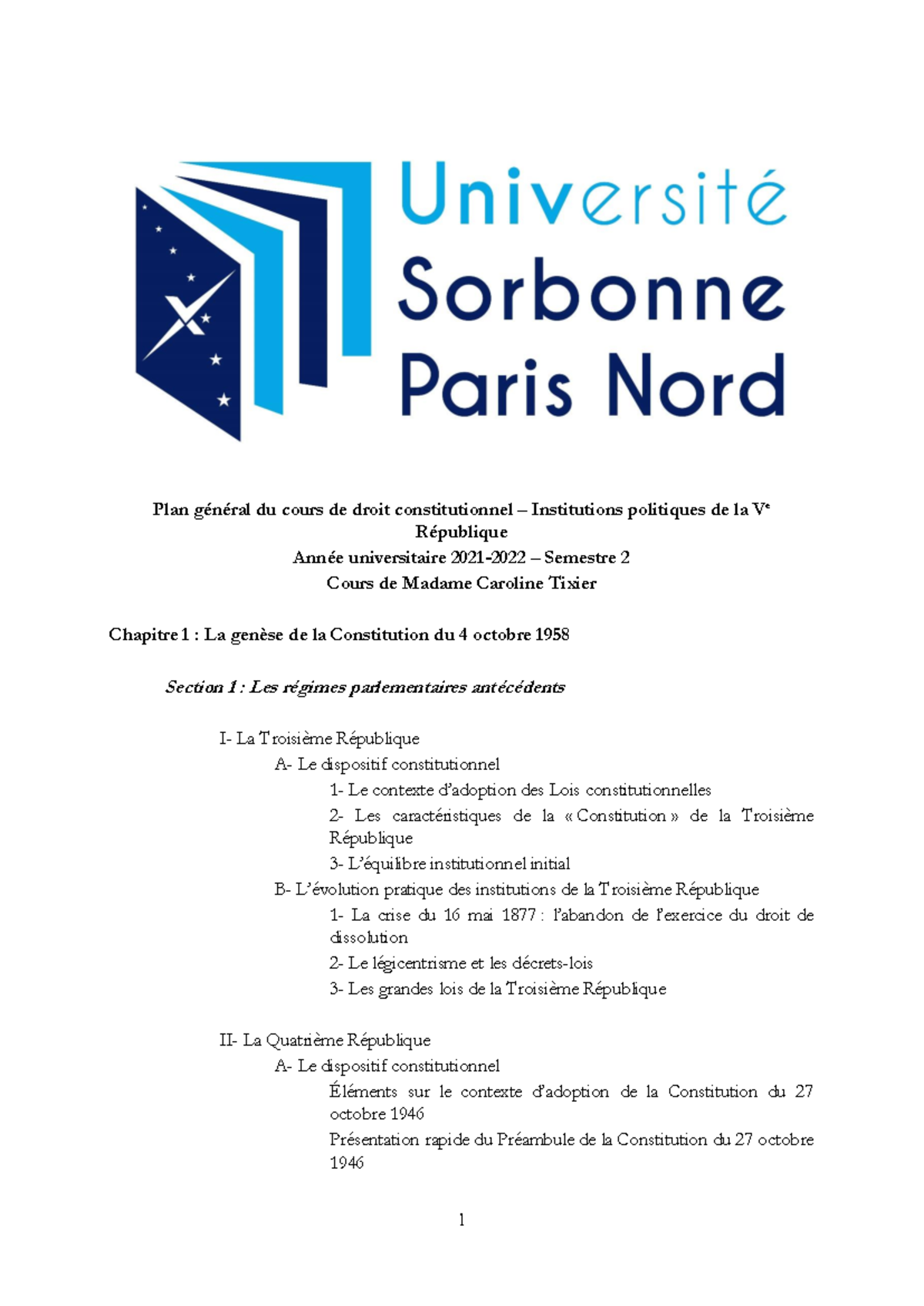 Plan général du cours de Droit Constitutionnel - S2 - Institutions de ...