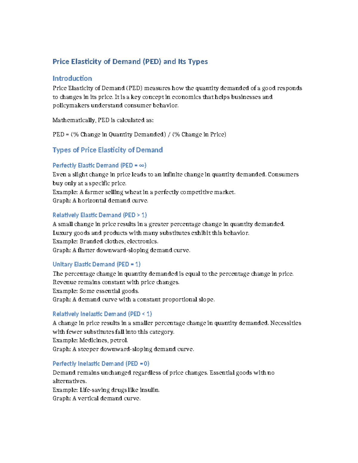 Price Elasticity of Demand (PED): Types and Key Concepts - Studocu