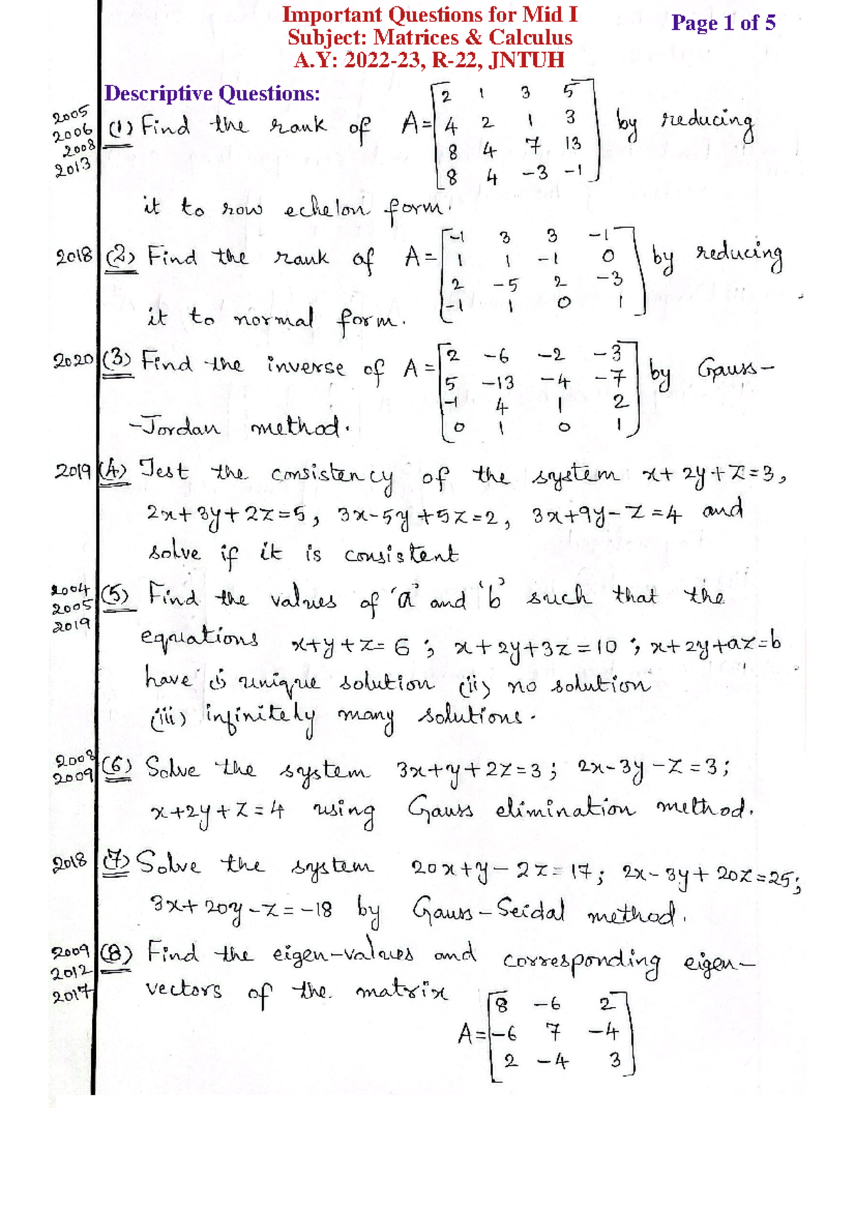 M&C Mid I Important Questions on Matrices Calculus - Studocu