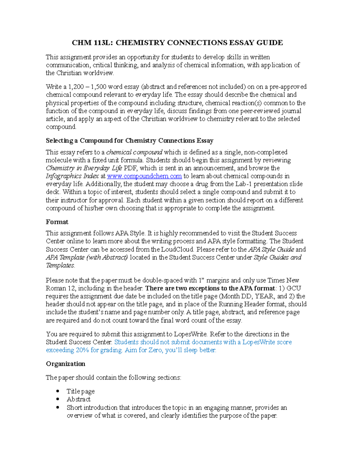 CHM 113L: Chemistry Connections Essay Writing Guidelines - Studocu