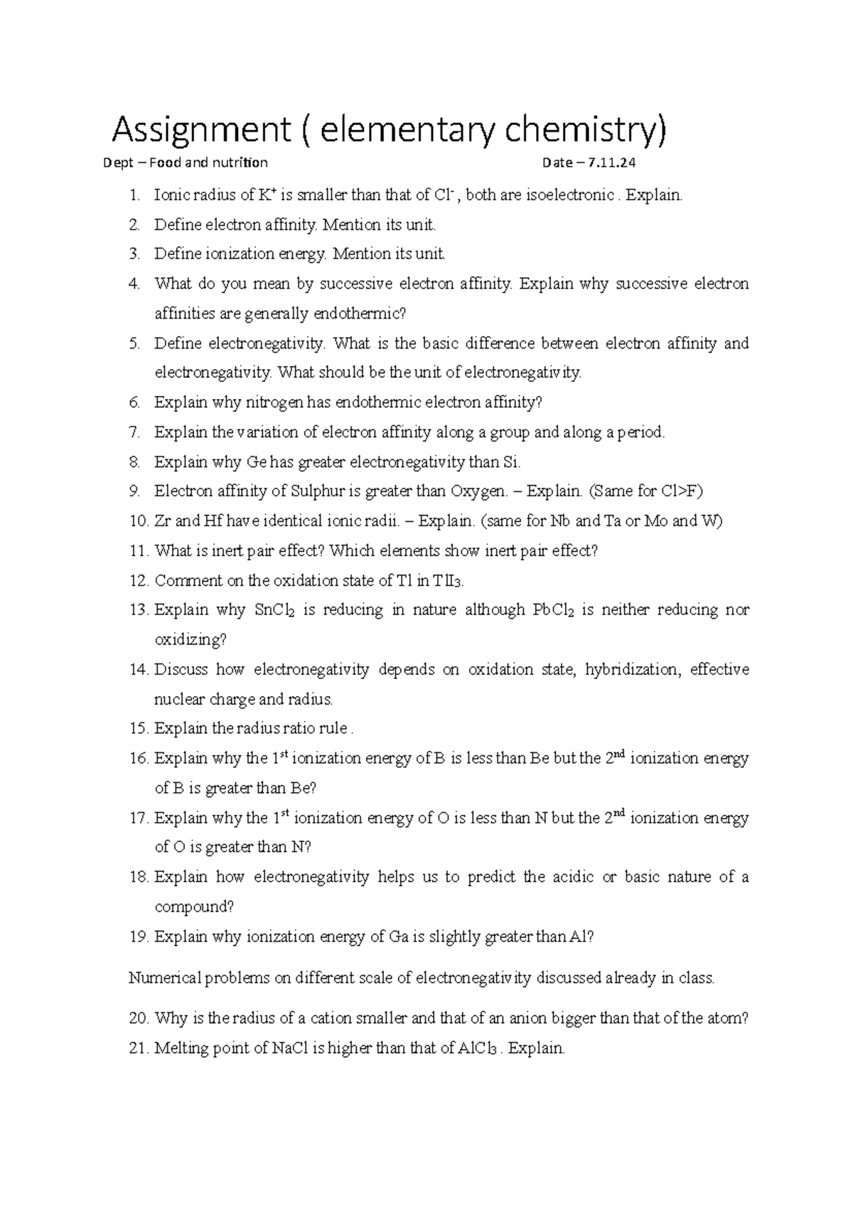 Assignment - Elementary Chemistry (BSBT) - Key Concepts & Explanations ...