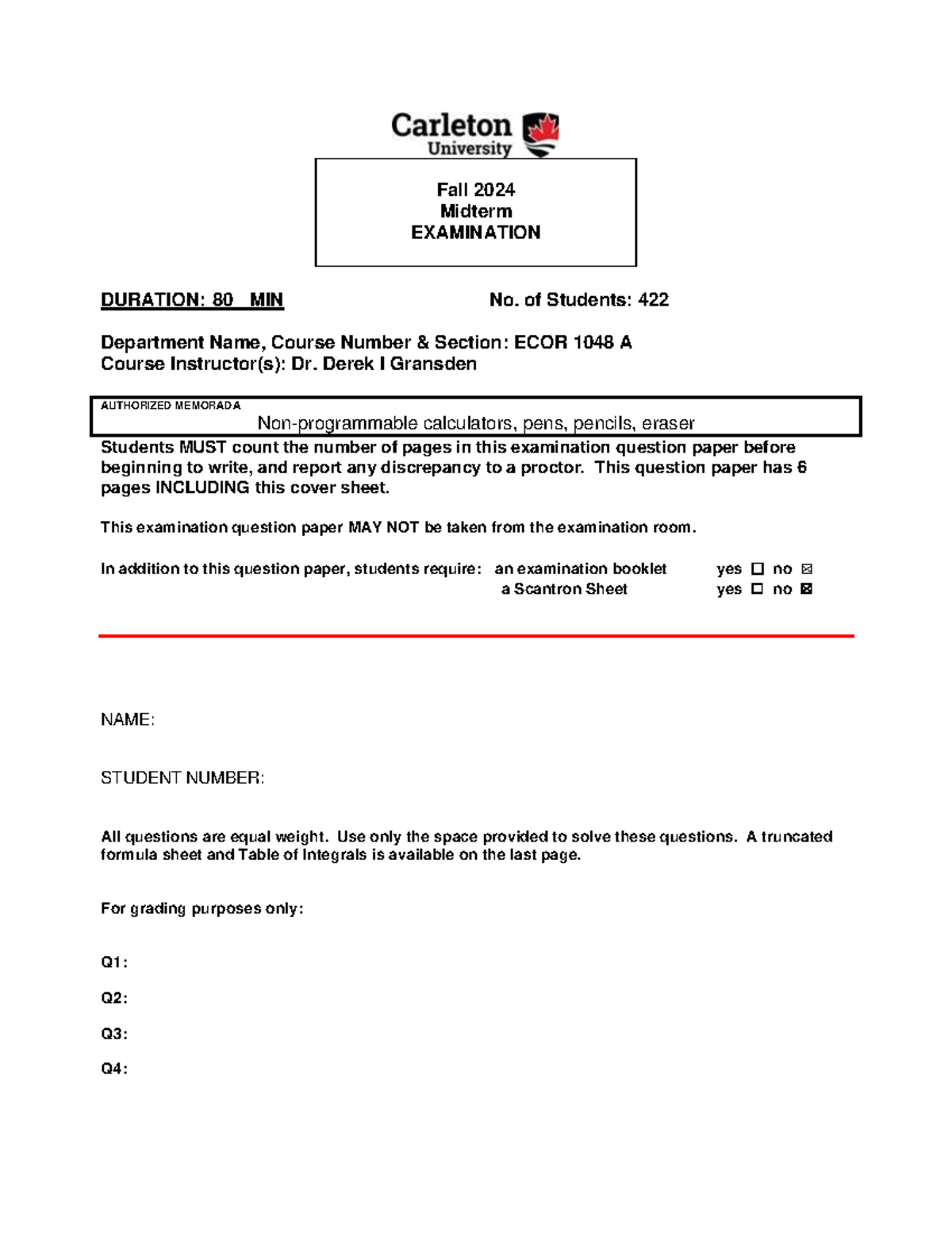 ECOR 1048 - Midterm Exam Details for Fall 2024 - Studocu
