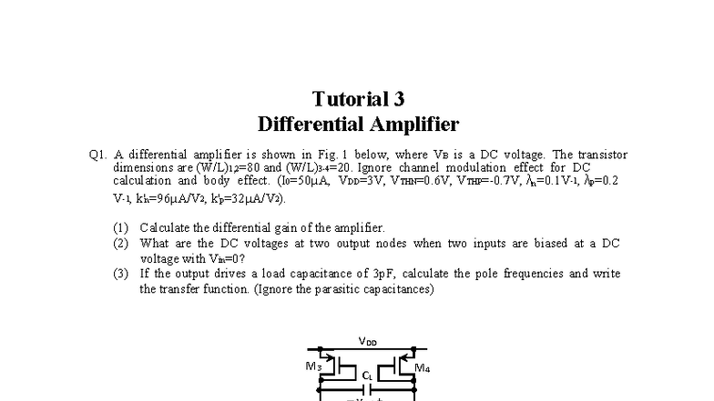 EE3408C Tutorial 3 - Differential Amplifier Solutions - Studocu