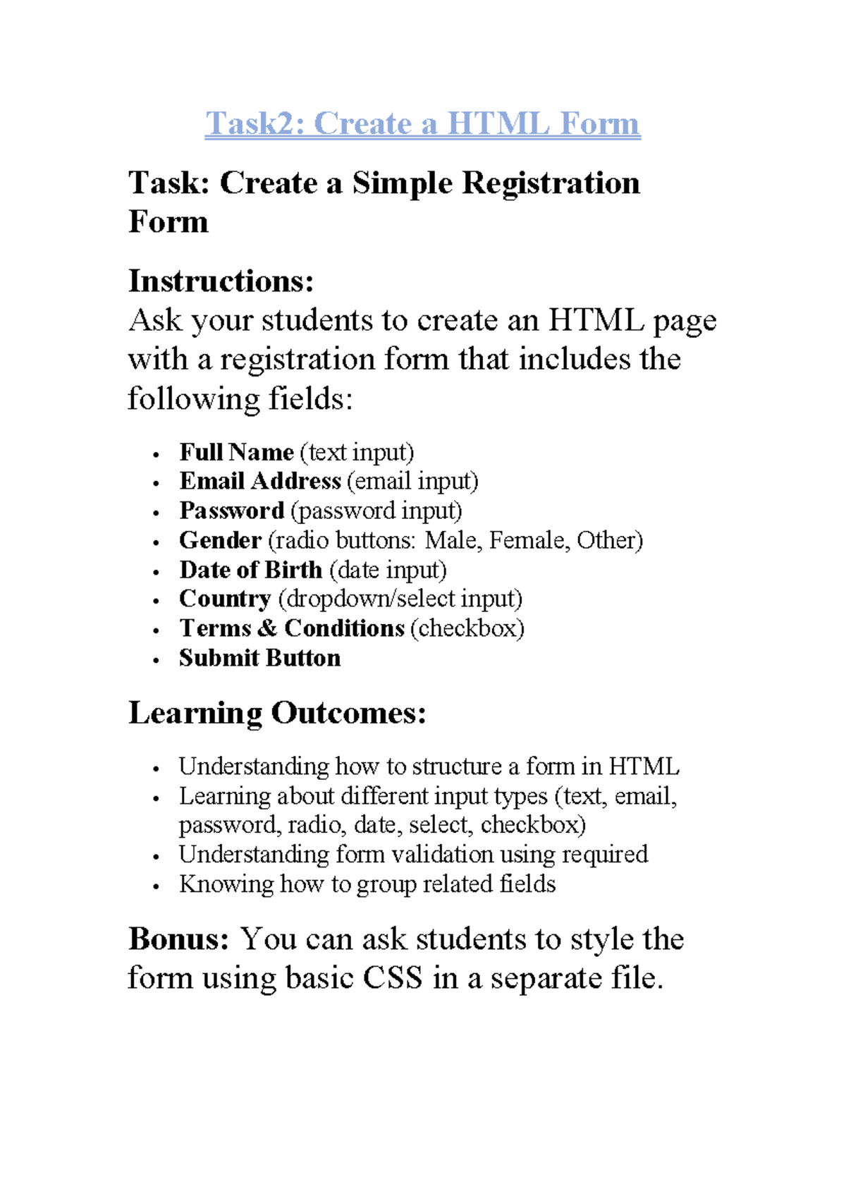 Html-Class Task 2 - html - Task 2 : Create a HTML Form Task: Create a ...