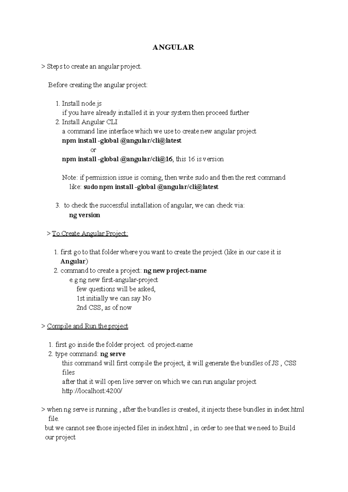 Angular Doc - ANGULAR > Steps to create an angular project. Before ...