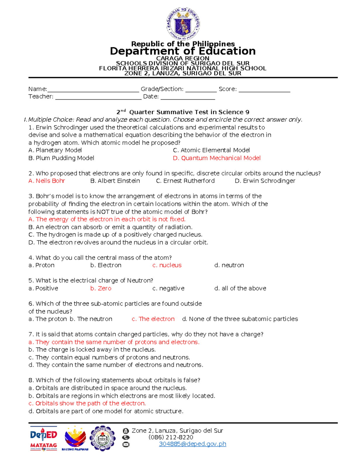 Q2-Summative Test in Science 9 (086) - Multiple Choice Questions - Studocu