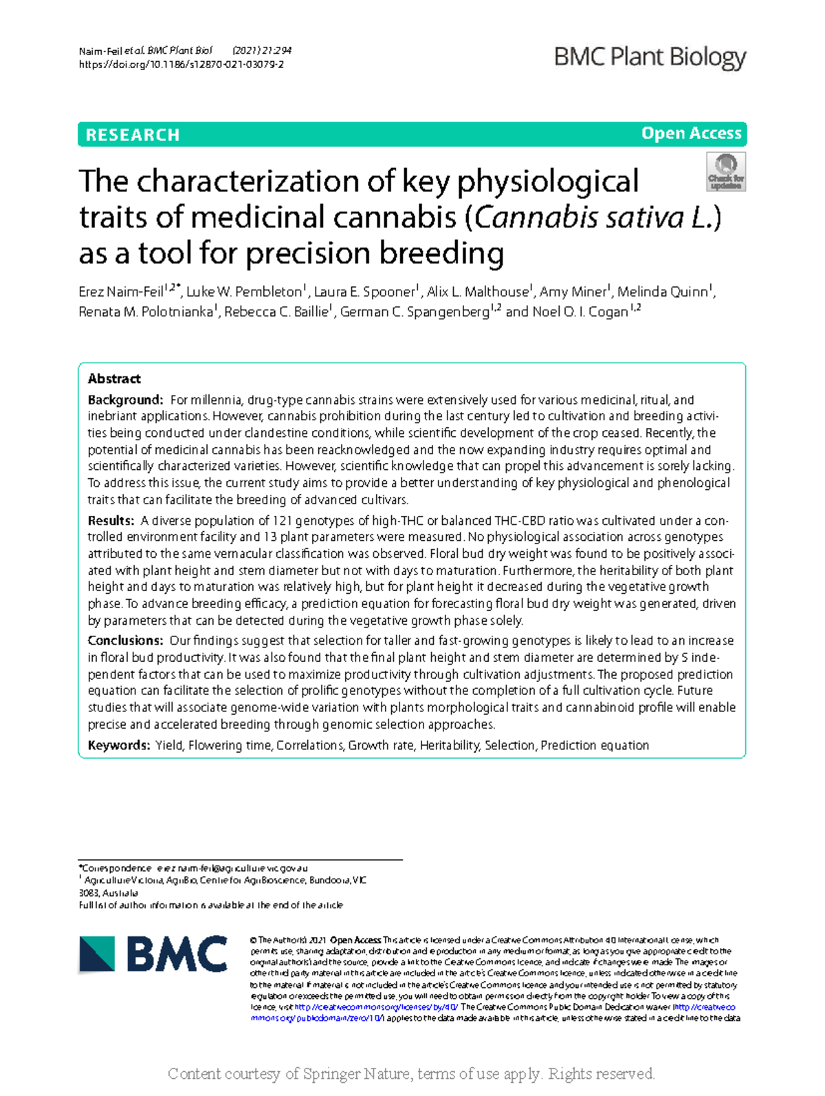 Physiological Trait Analysis for Medicinal Cannabis (BMC Plant Biol ...