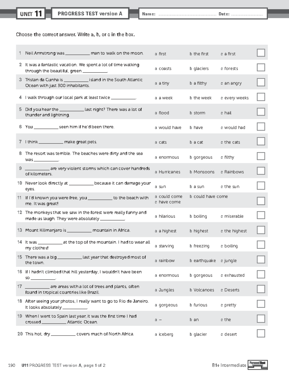 U11 Progress Test Version A: Personal Best (B1+) Inter - Tests - Studocu
