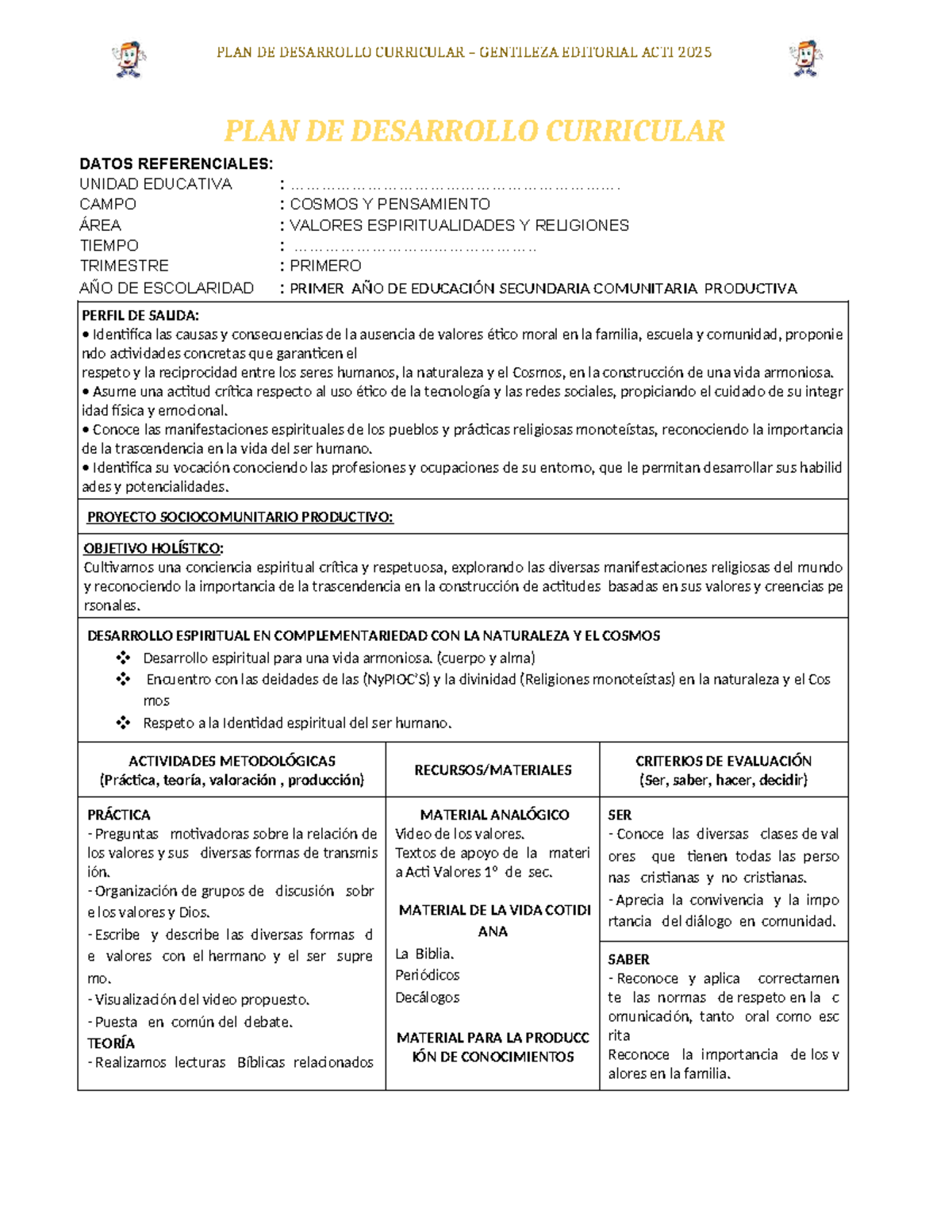 PLAN DE DESARROLLO CURRICULAR ACTI 2025: VALORES Y ESPIRITUALIDADES 1ER ...